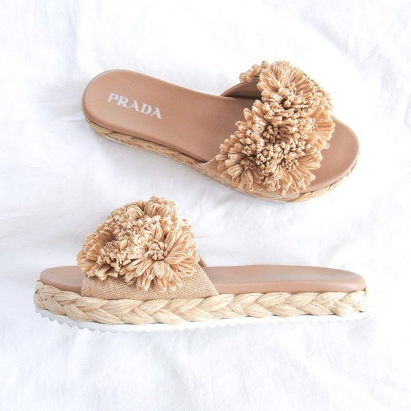 prada floral raffia slide sandals